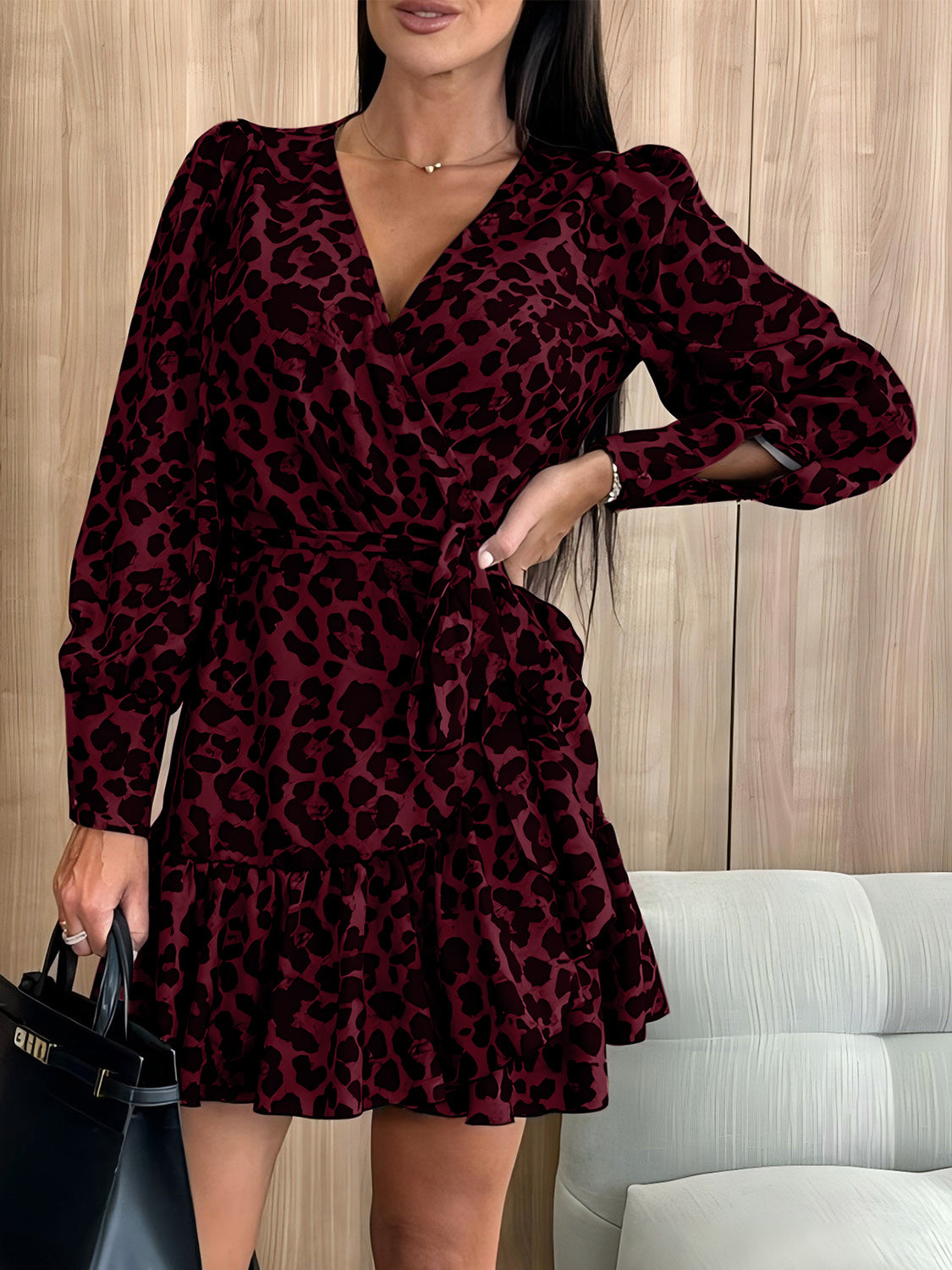 Outfit Flow -  Tied Leopard Surplice Long Sleeve Dress