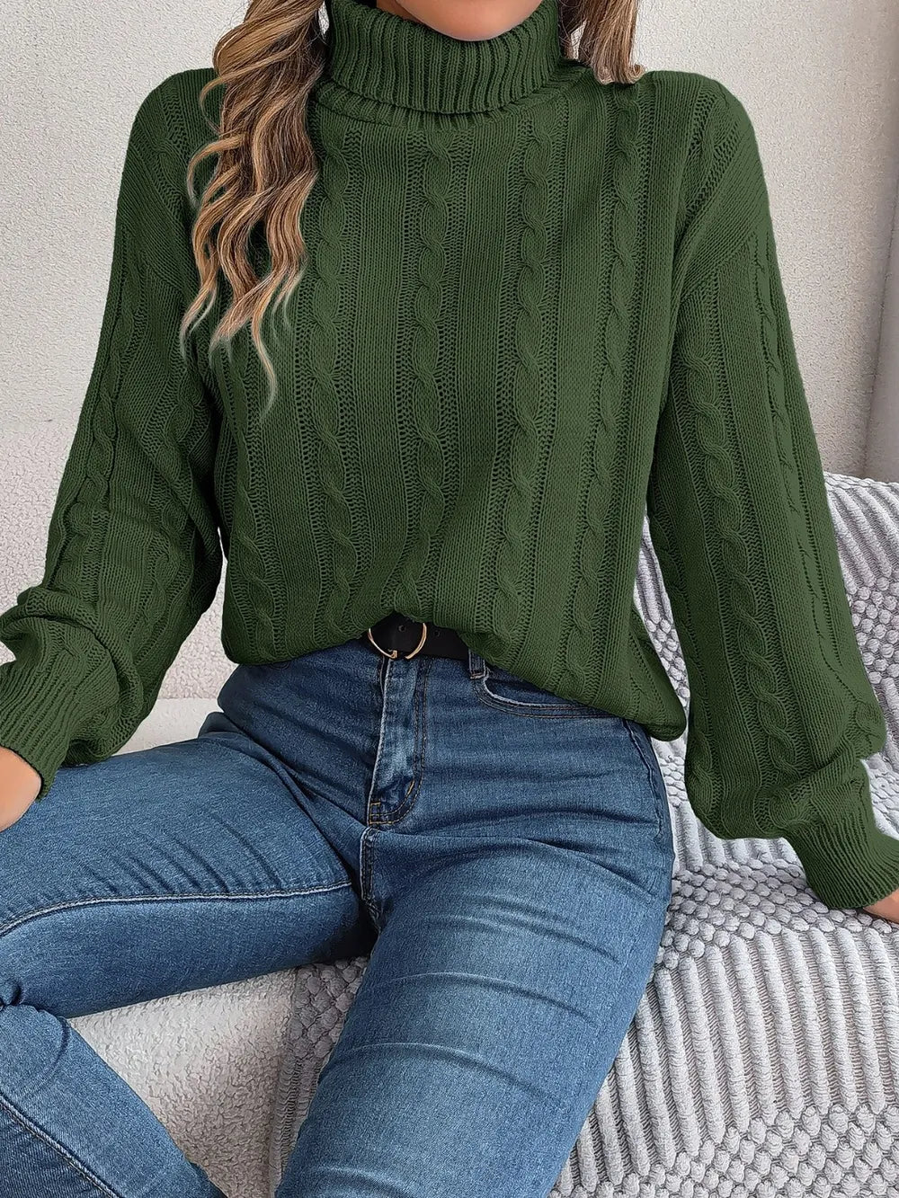 Cable-Knit Turtleneck Dropped Shoulder Sweater Trendsi