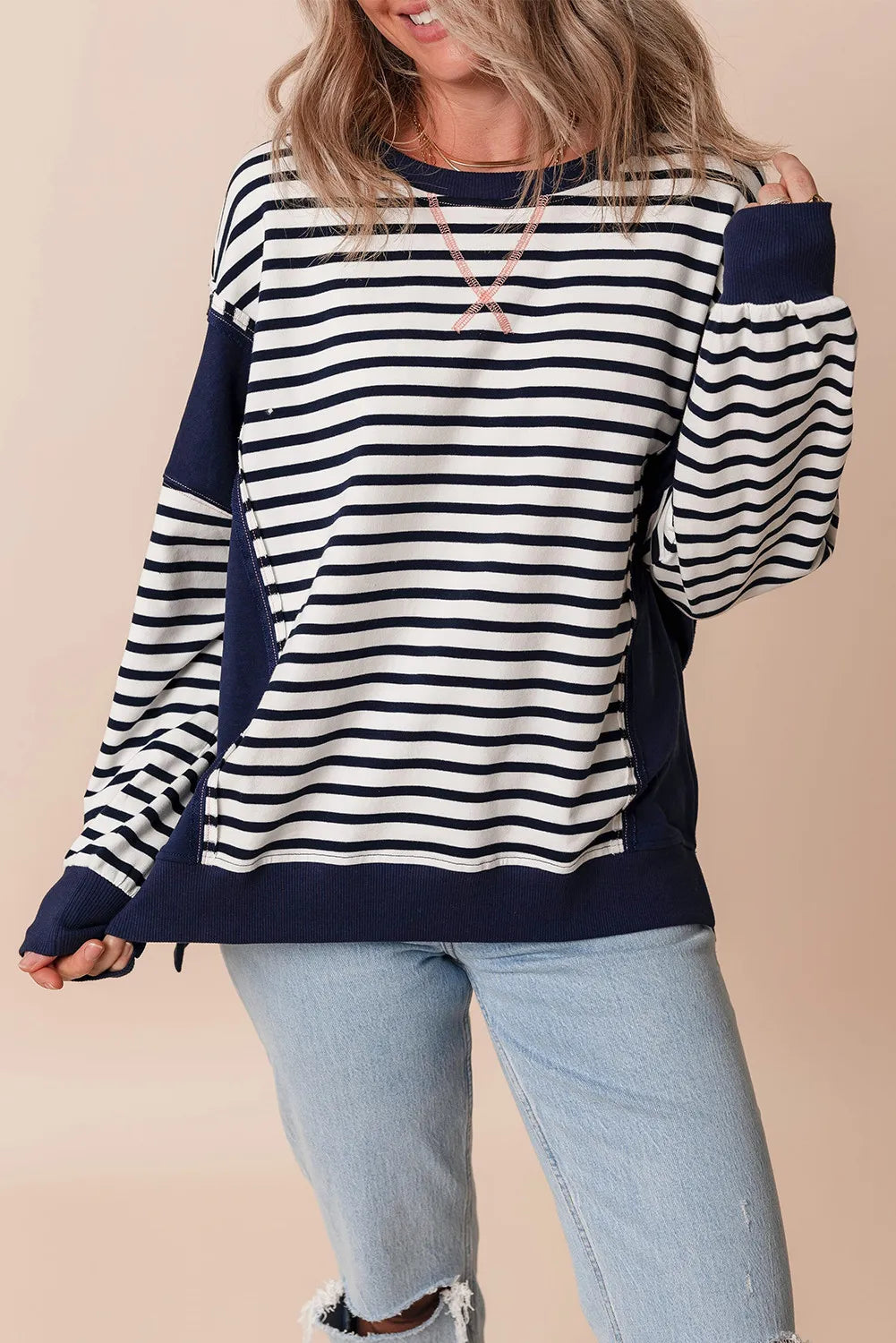 Outfit Flow - Striped Round Neck Long Sleeve Sweatshirt