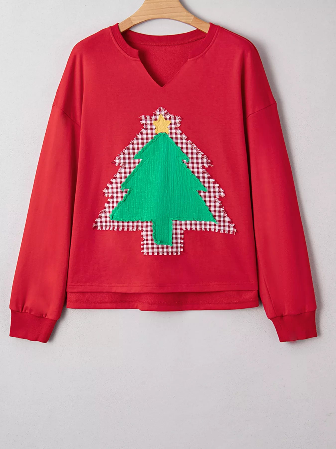 Plaid Frayed Double Christmas Tree Patched Drop Shoulder Sweatshirt OutfitFlow