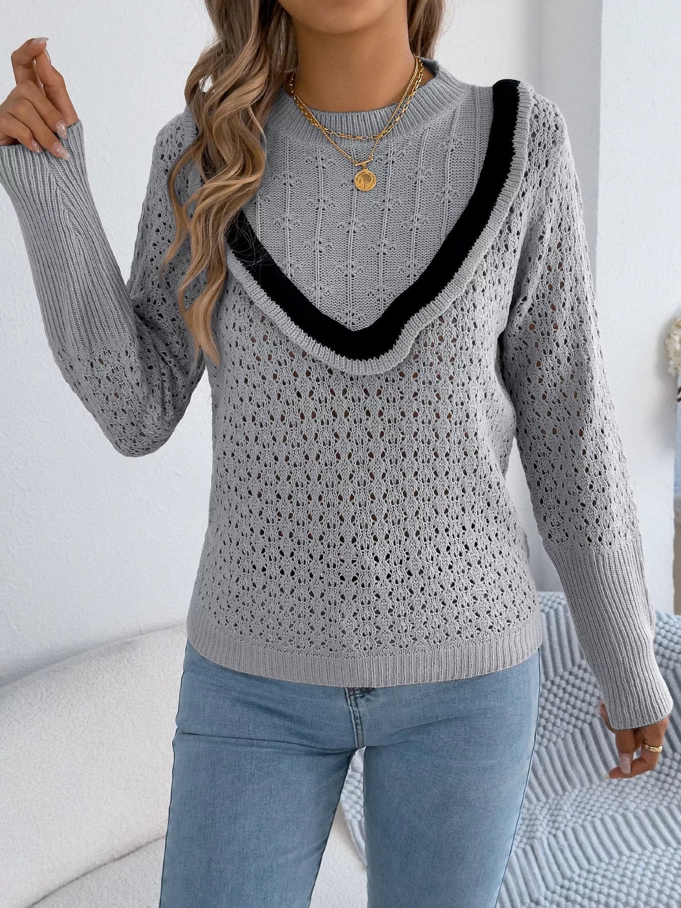 Hollow-Out Knit Top with Contrast Trim OutfitFlow