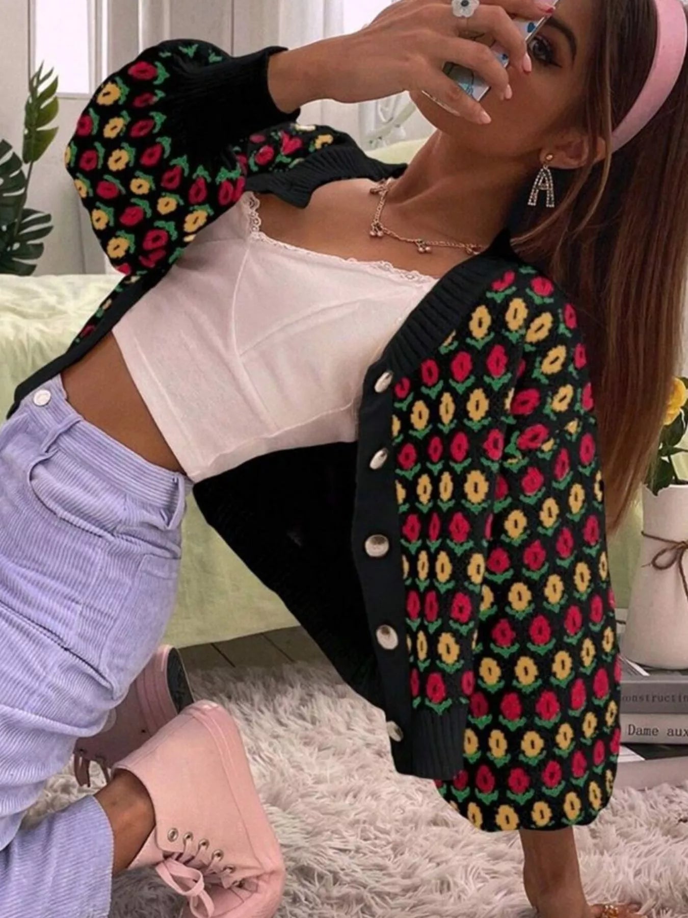 Floral Button Up Long Sleeve Cardigan OutfitFlow