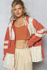 POL Raw Hem Color Block Hooded Jacket Orange-Red OutfitFlow