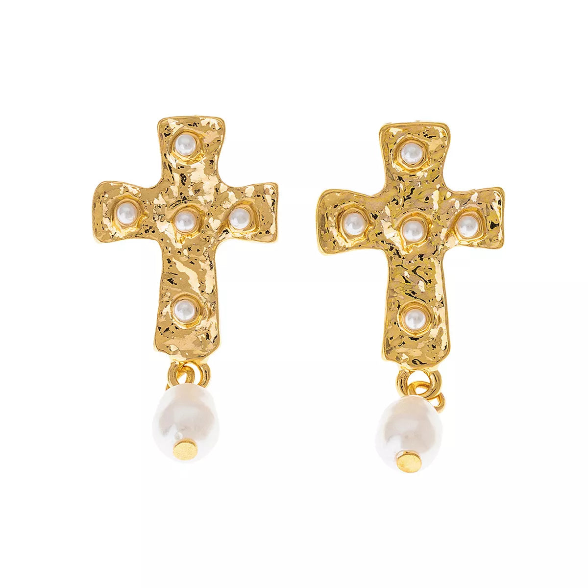 18K Gold-Plated Synthetic Pearl Cross Drop Earrings OutfitFlow