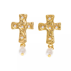 18K Gold-Plated Synthetic Pearl Cross Drop Earrings OutfitFlow