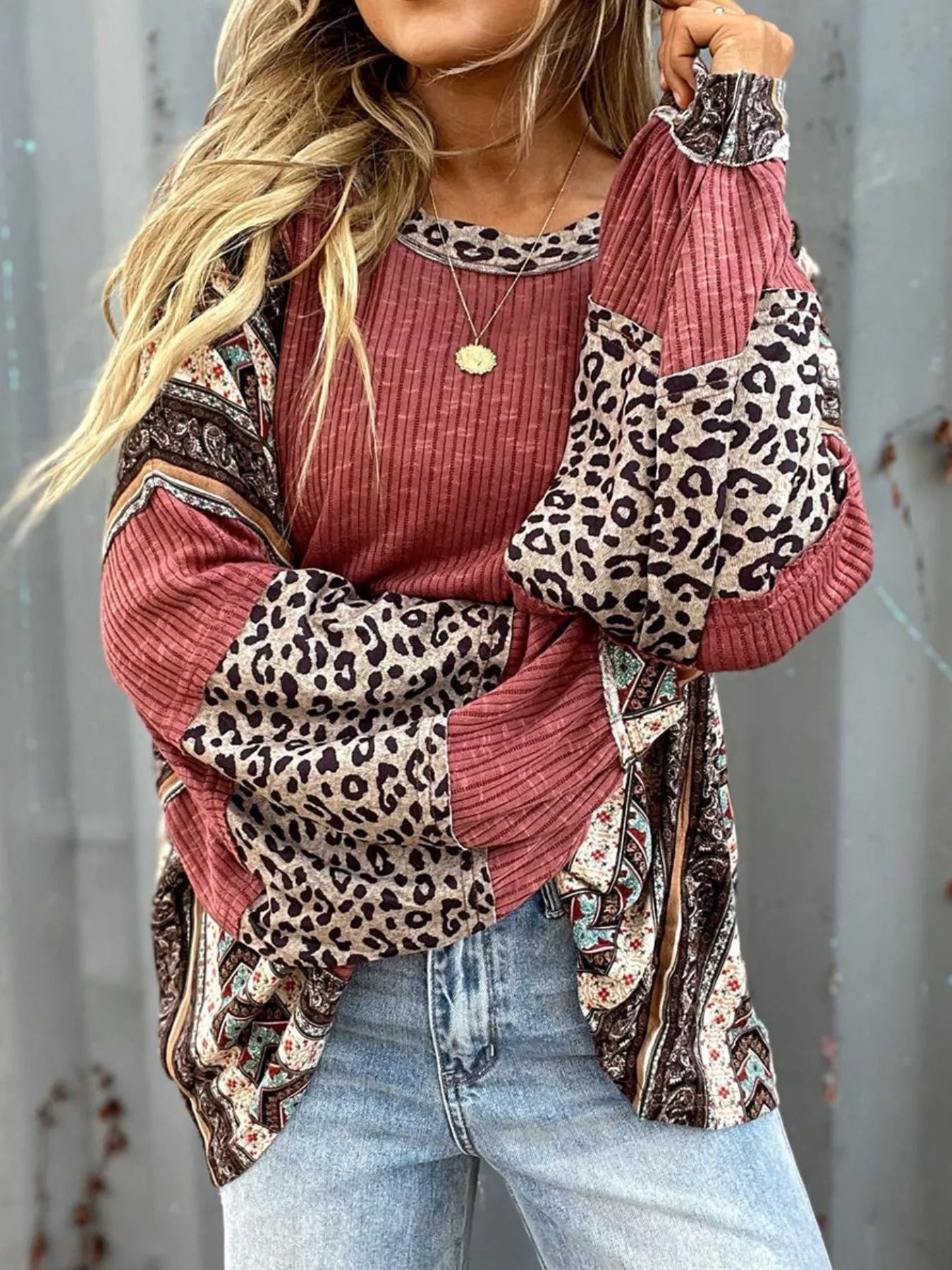 Leopard Color Block Ribbed Top OutfitFlow