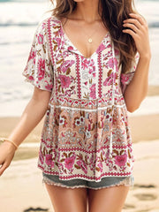 Floral Print Tie Neck Flutter Sleeve Blouse OutfitFlow
