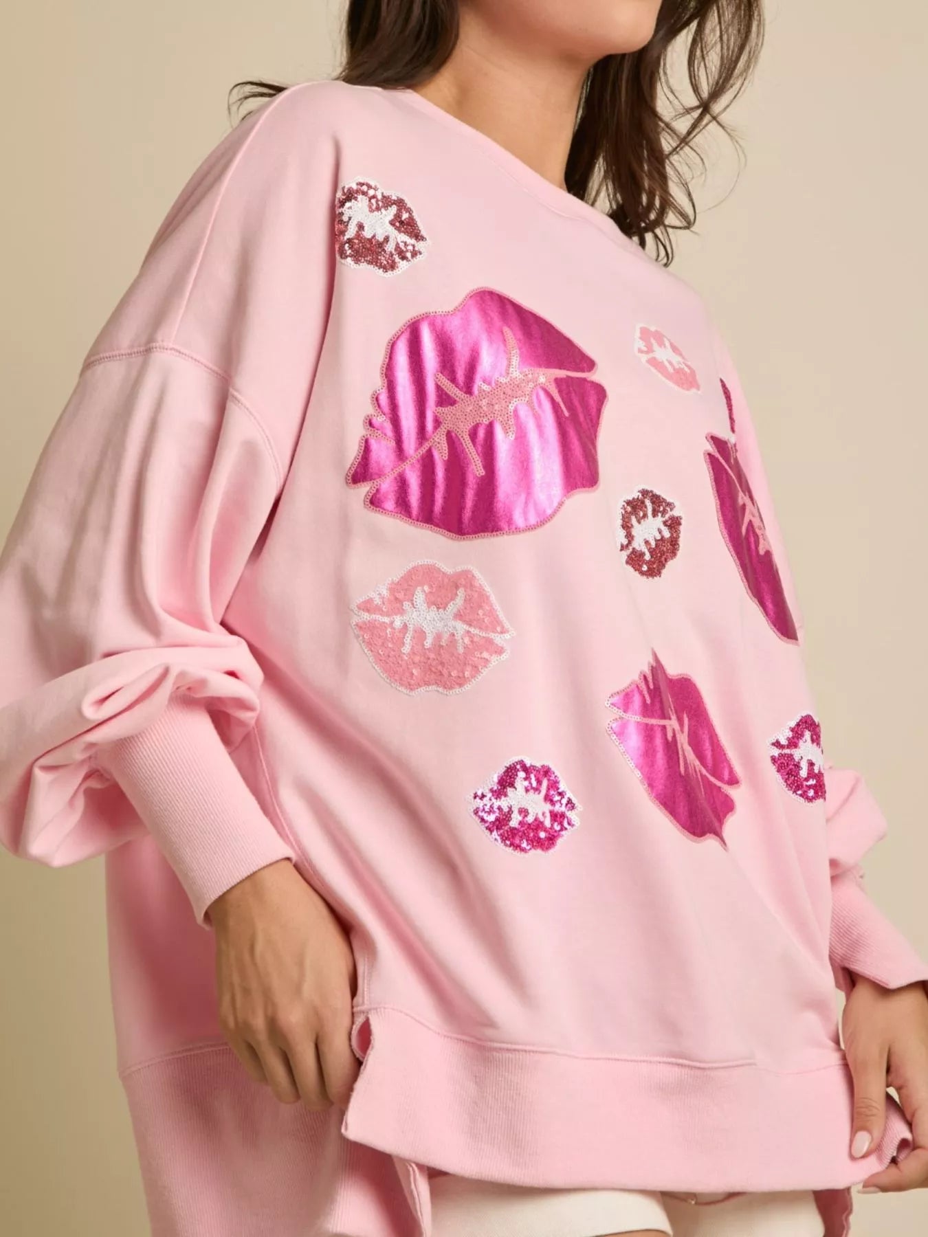 Lips Round Neck Dropped Shoulder Sweatshirt OutfitFlow