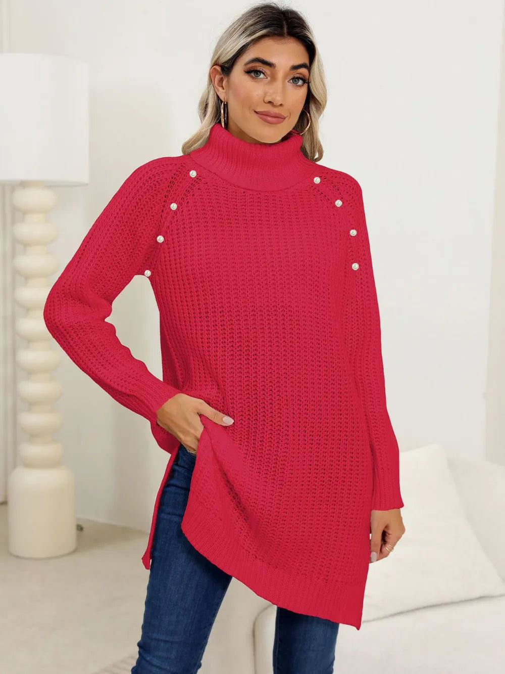 Slit Turtleneck Long Sleeve Sweater Deep Red OutfitFlow