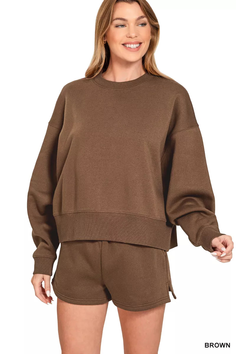 Zenana Fleece Round Neck Sweatshirt and Shorts Set Brown OutfitFlow