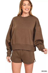 Zenana Fleece Round Neck Sweatshirt and Shorts Set Brown OutfitFlow
