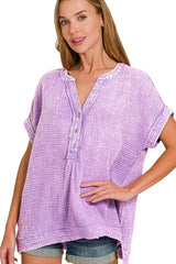 Zenana Washed Double Gauze 3/4 Button Henley Neck Shirt LAVENDER OutfitFlow
