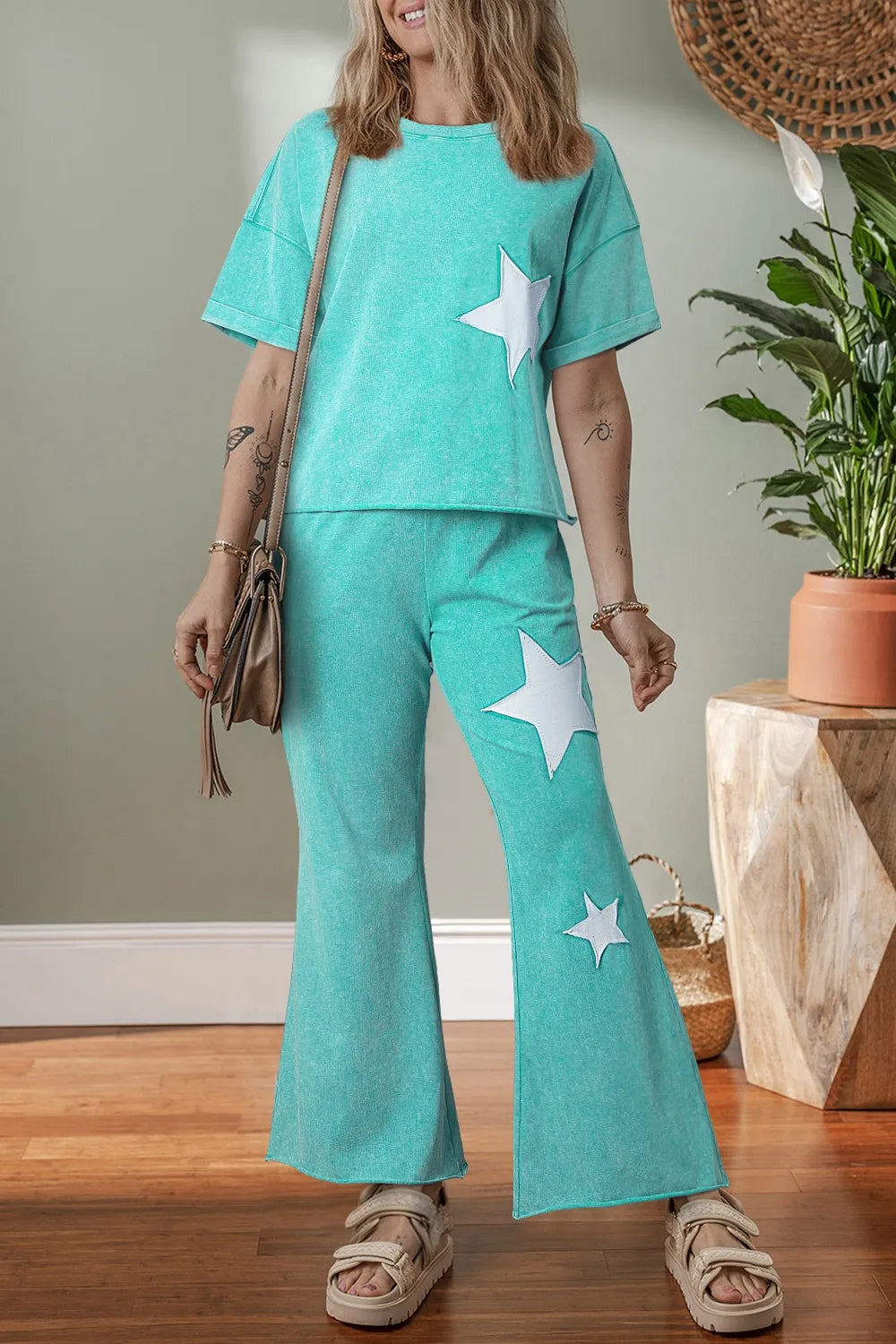 Star Round Neck Half Sleeve Top and Pants Set Tiffany Blue OutfitFlow