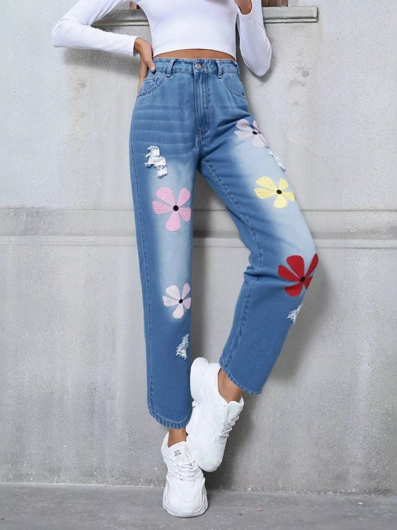 Floral Embroidered High Waist Distressed Jeans OutfitFlow