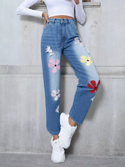 Floral Embroidered High Waist Distressed Jeans OutfitFlow