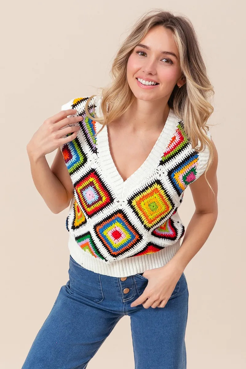 BiBi Diamond Granny Square Sweater Vest OutfitFlow