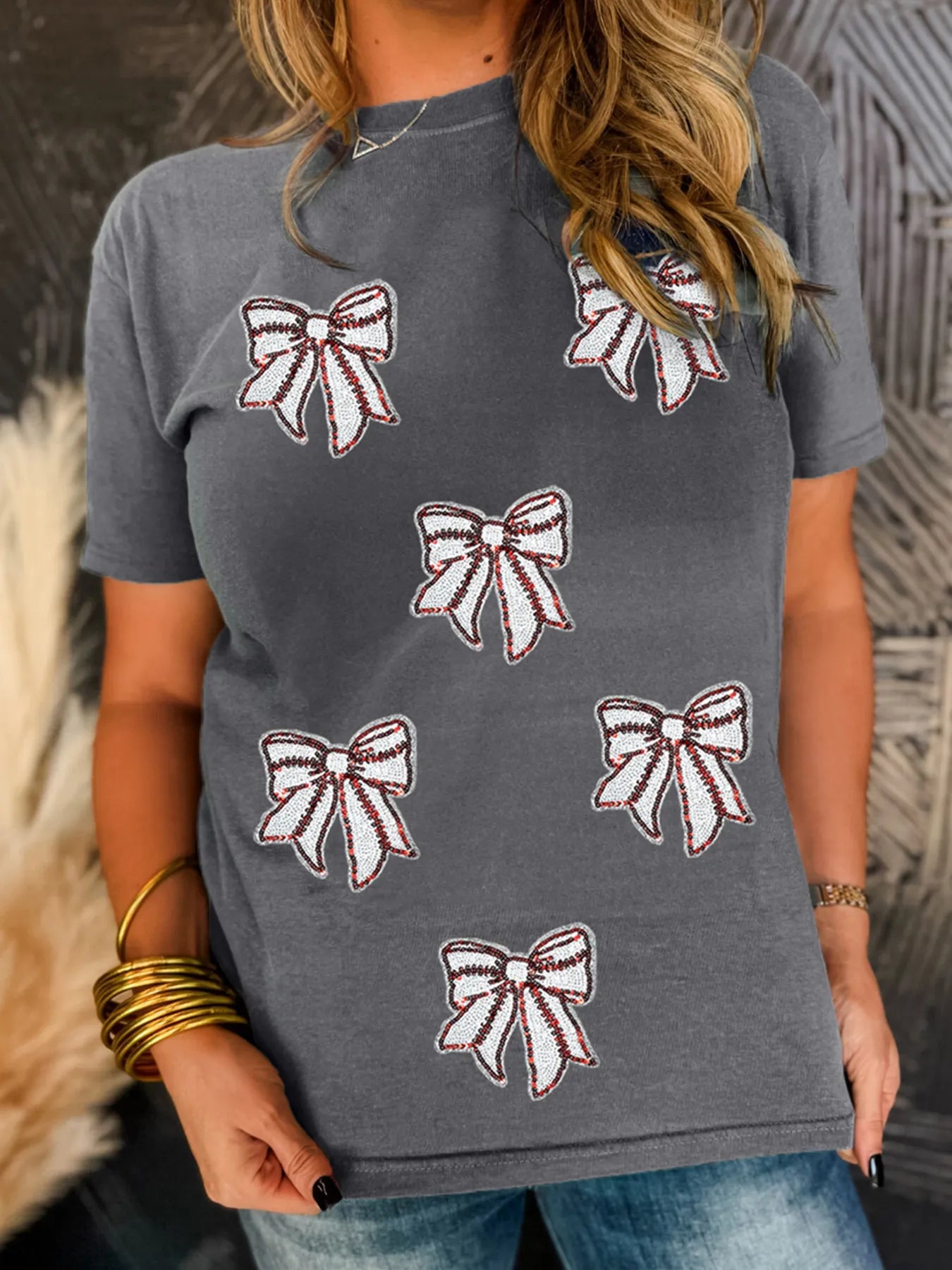Sequin Bow Short Sleeve Tee OutfitFlow