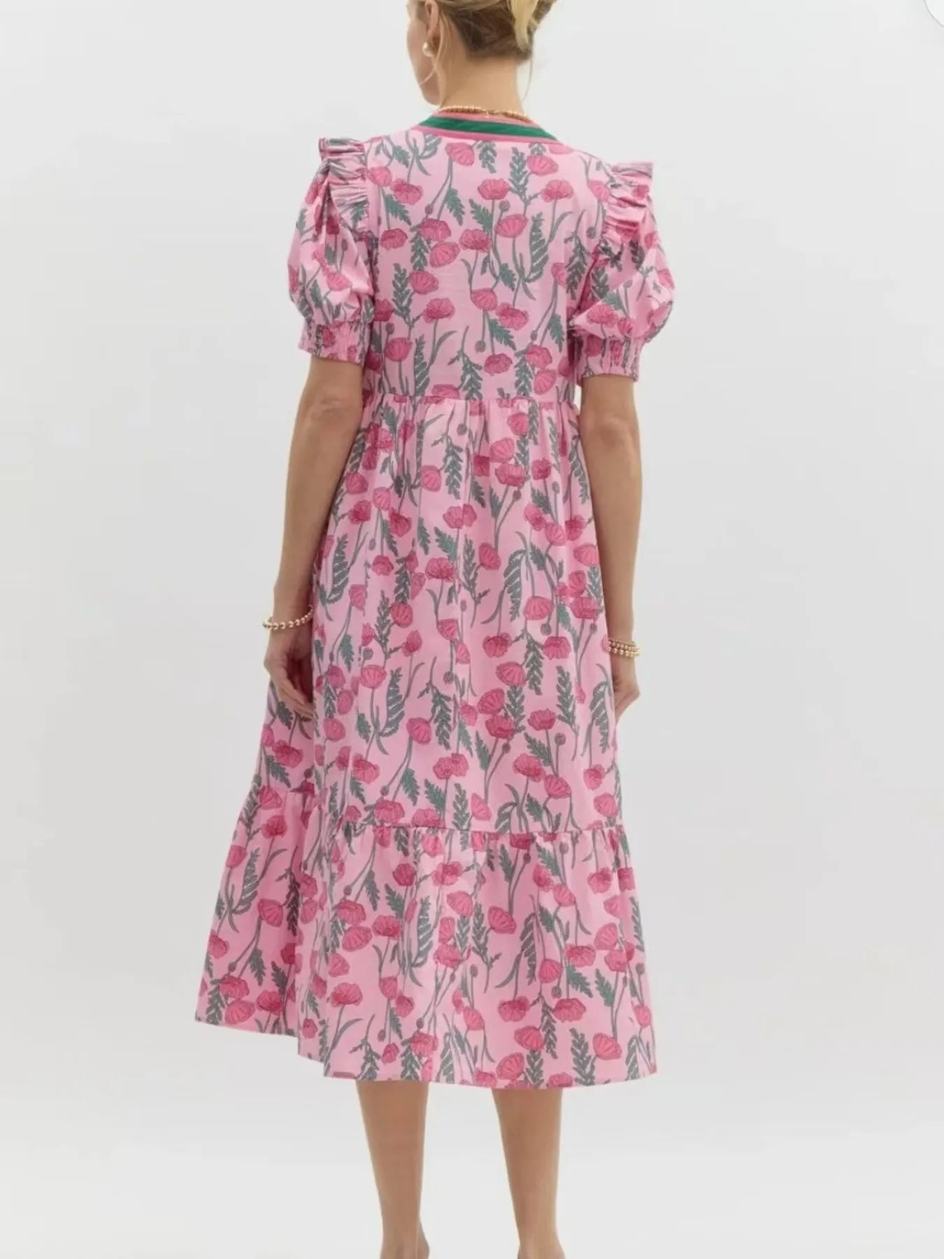 Floral Puff Sleeve Midi Dress with Contrast Trim OutfitFlow