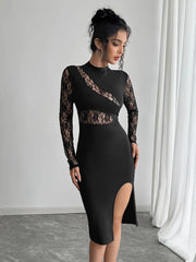 Lace Mock Neck Slit Dress OutfitFlow