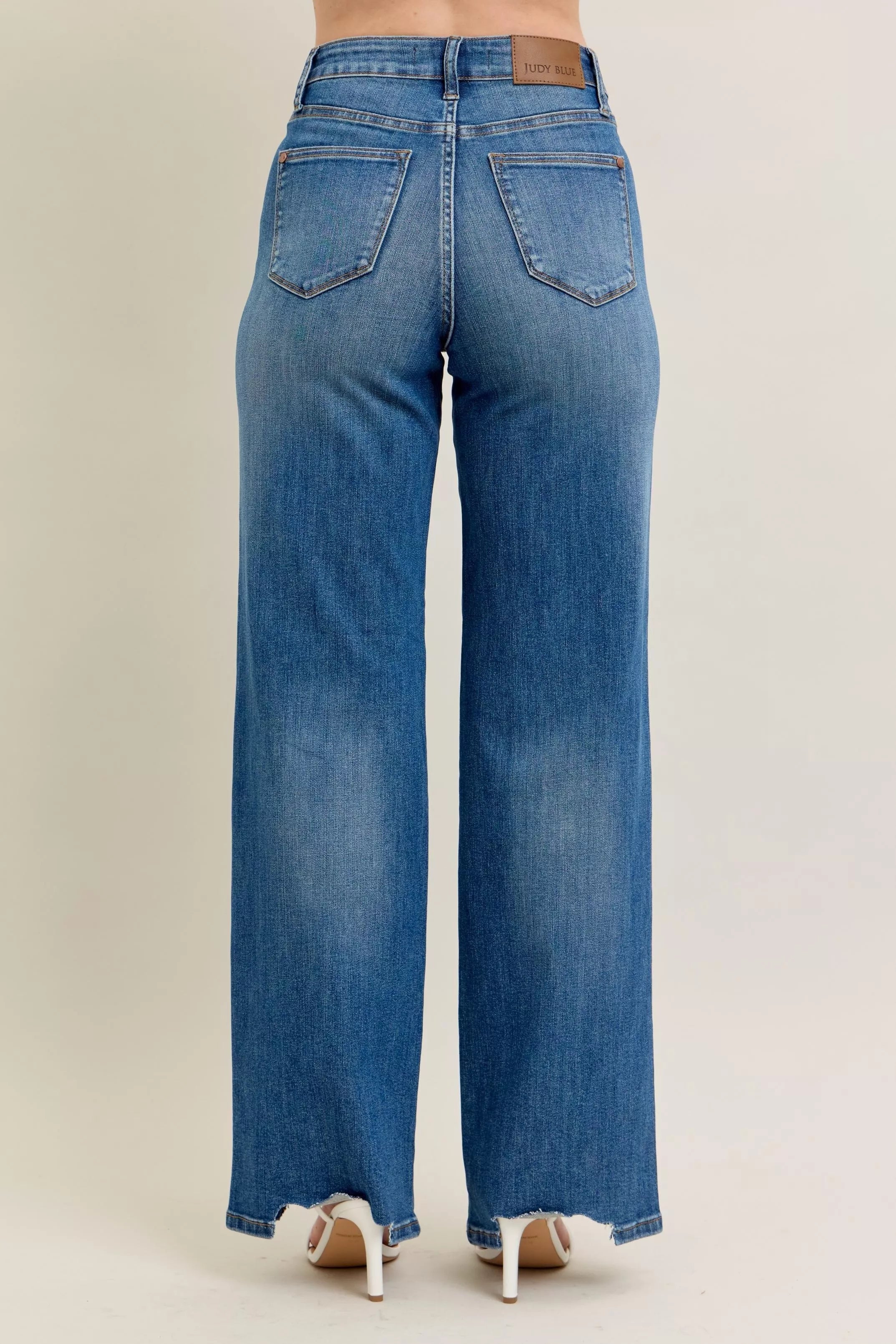 Judy Blue Full Size High Waist Tummy Control Chew Hem Destroy Wide Jeans Plus Size OutfitFlow
