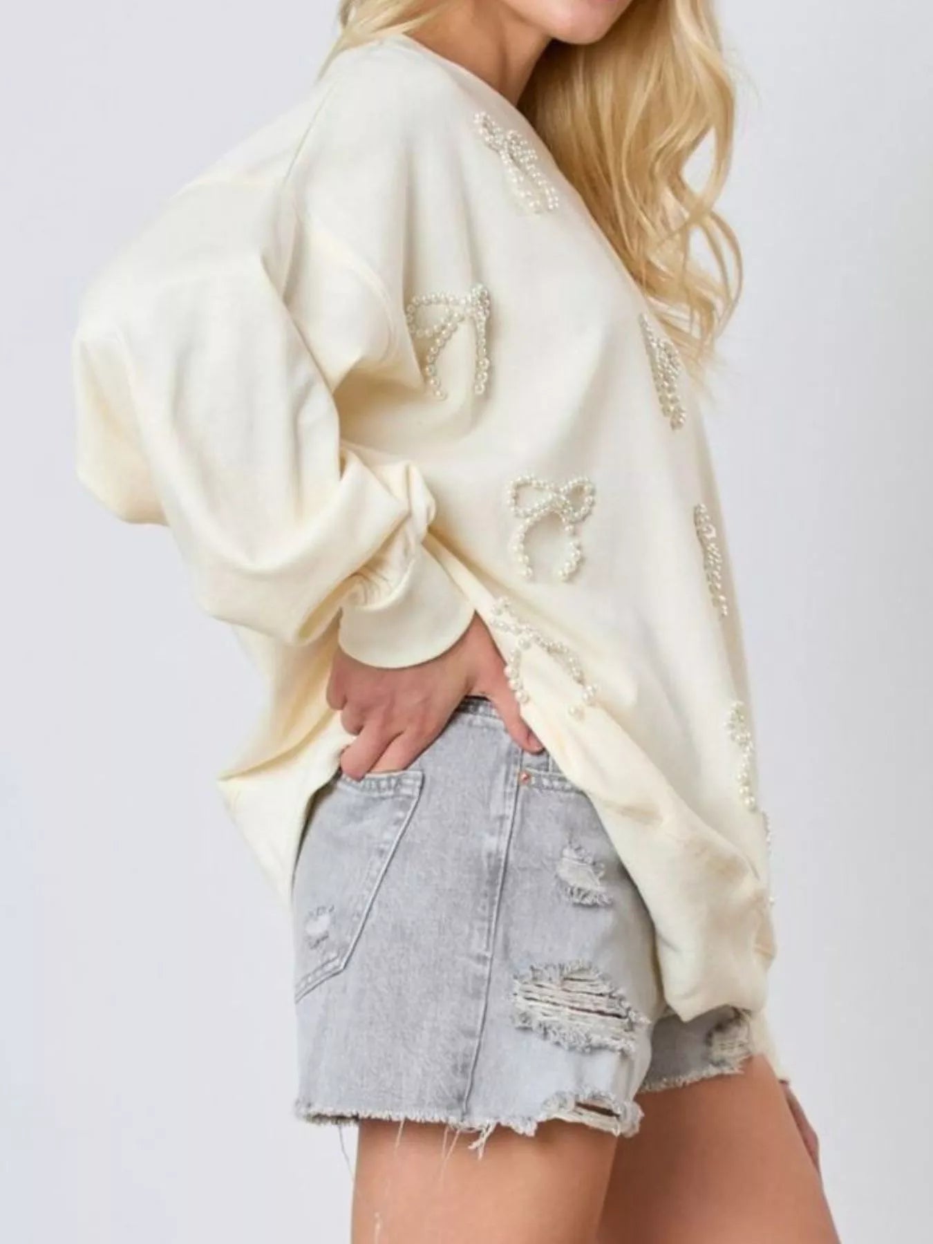 Pearl Embellished Bow Long Sleeve Sweatshirt OutfitFlow