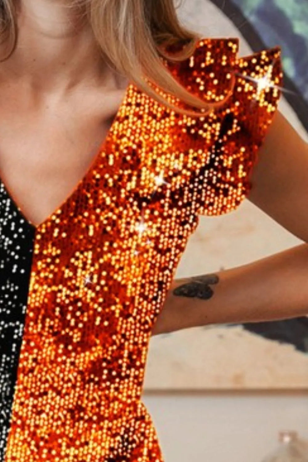 BiBi Game Day Color Block Sequin Ruffled Armhole Top OutfitFlow