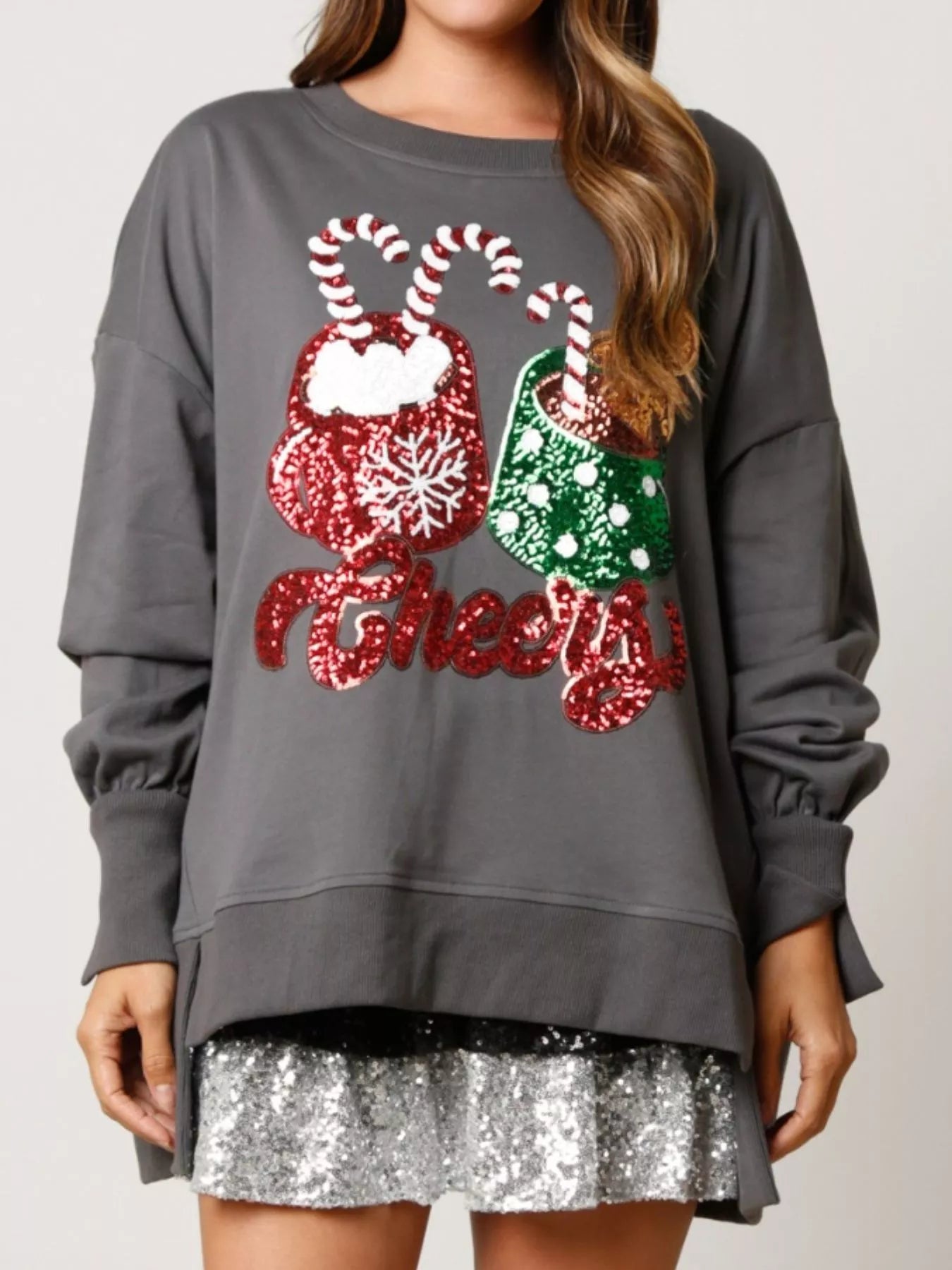 Christmas Sequin High-Low Round Neck Sweatshirt OutfitFlow