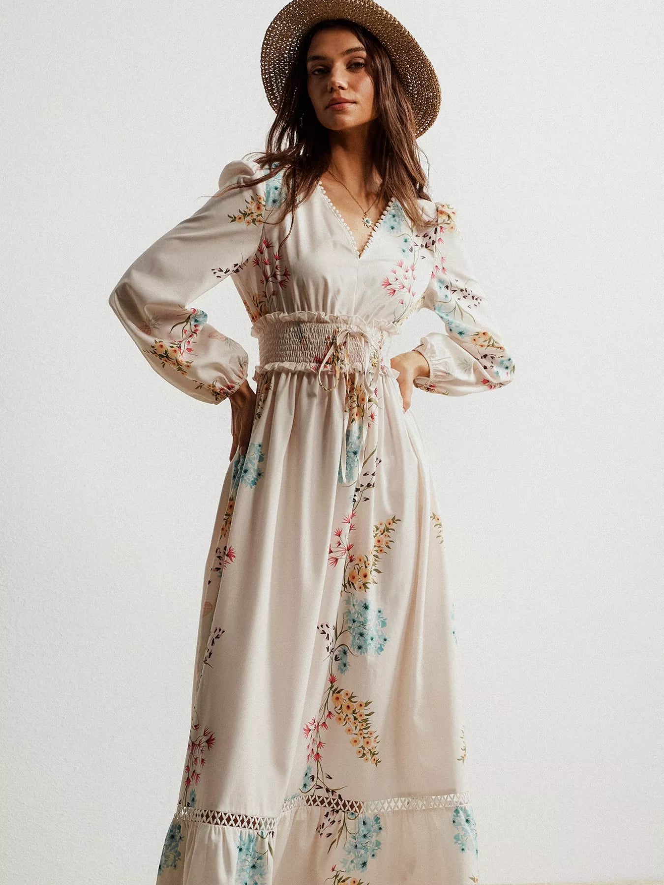 Floral Print Long Sleeve Maxi Dress with Smocked Waist OutfitFlow