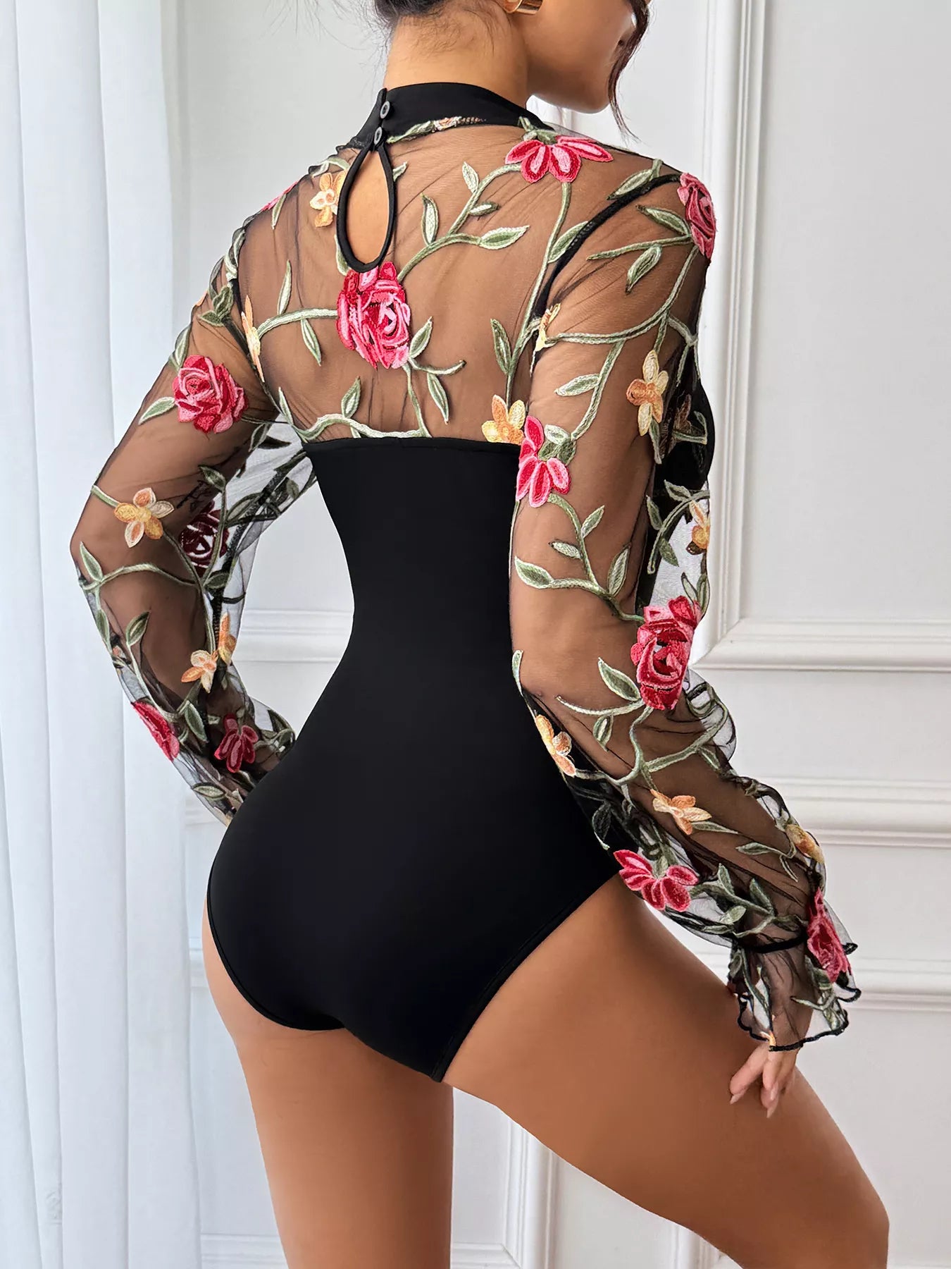 Floral Embroidered Mesh Long Sleeve Bodysuit OutfitFlow