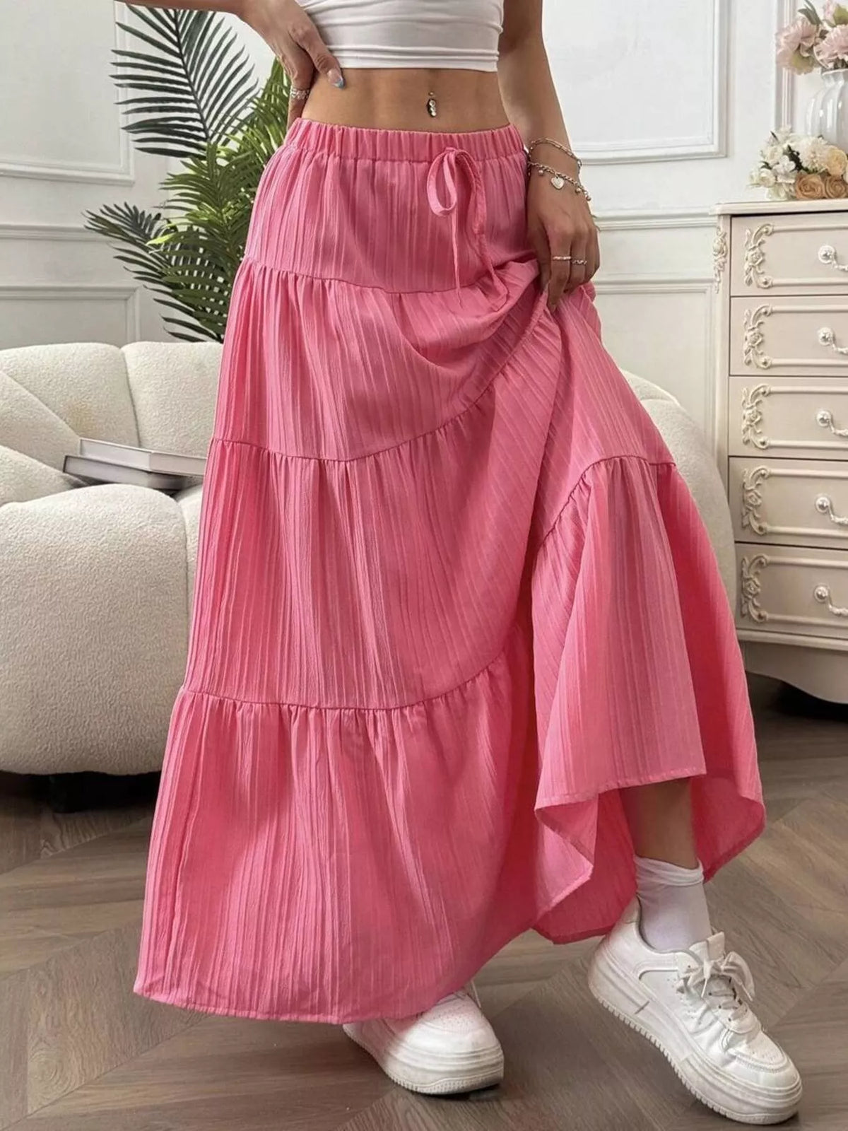 Flowy Tiered Maxi Skirt Pink OutfitFlow