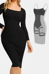 Outfit Flow - Basic Bae Full Size Built-In Shapewear Square Neck Long Sleeve Dress