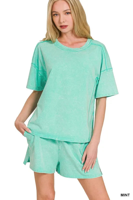 Zenana Acid Washed Short Sleeve Tee & Shorts Set MINT OutfitFlow