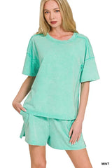 Zenana Acid Washed Short Sleeve Tee & Shorts Set MINT OutfitFlow