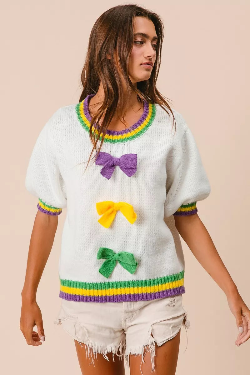 BiBi Short Puff Sleeve Ribbon Bow Mardi Gras Sweater OutfitFlow