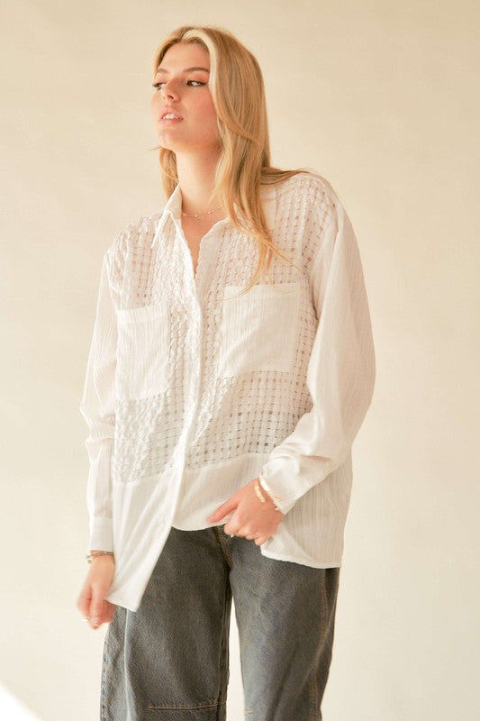 Davi & Dani Crinkled Jacquard Button Down Shirt