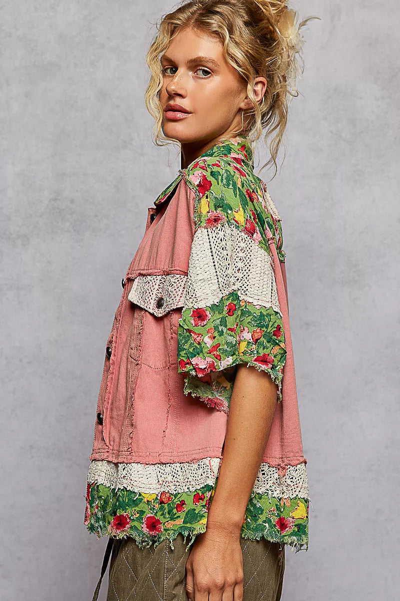 POL Lace Patch Floral Half Sleeve Shacket Trendsi