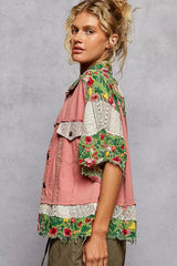 POL Lace Patch Floral Half Sleeve Shacket Trendsi