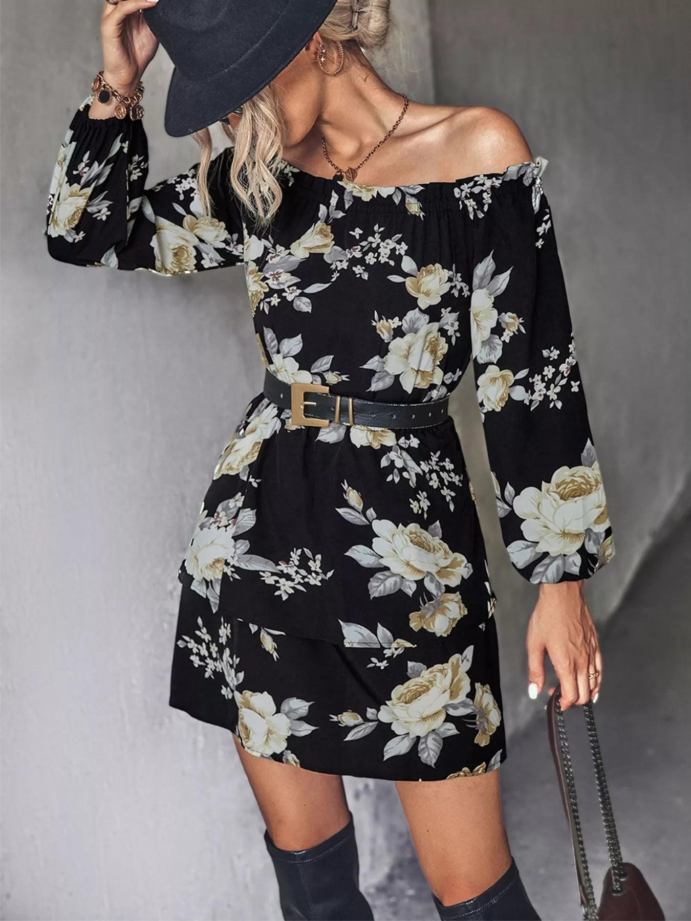 Off-Shoulder Floral Print Long Sleeve Mini Dress Black OutfitFlow