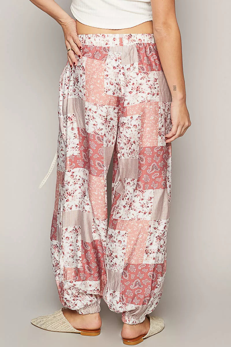POL Drawstring Floral Patchwork Wide leg Pants OutfitFlow