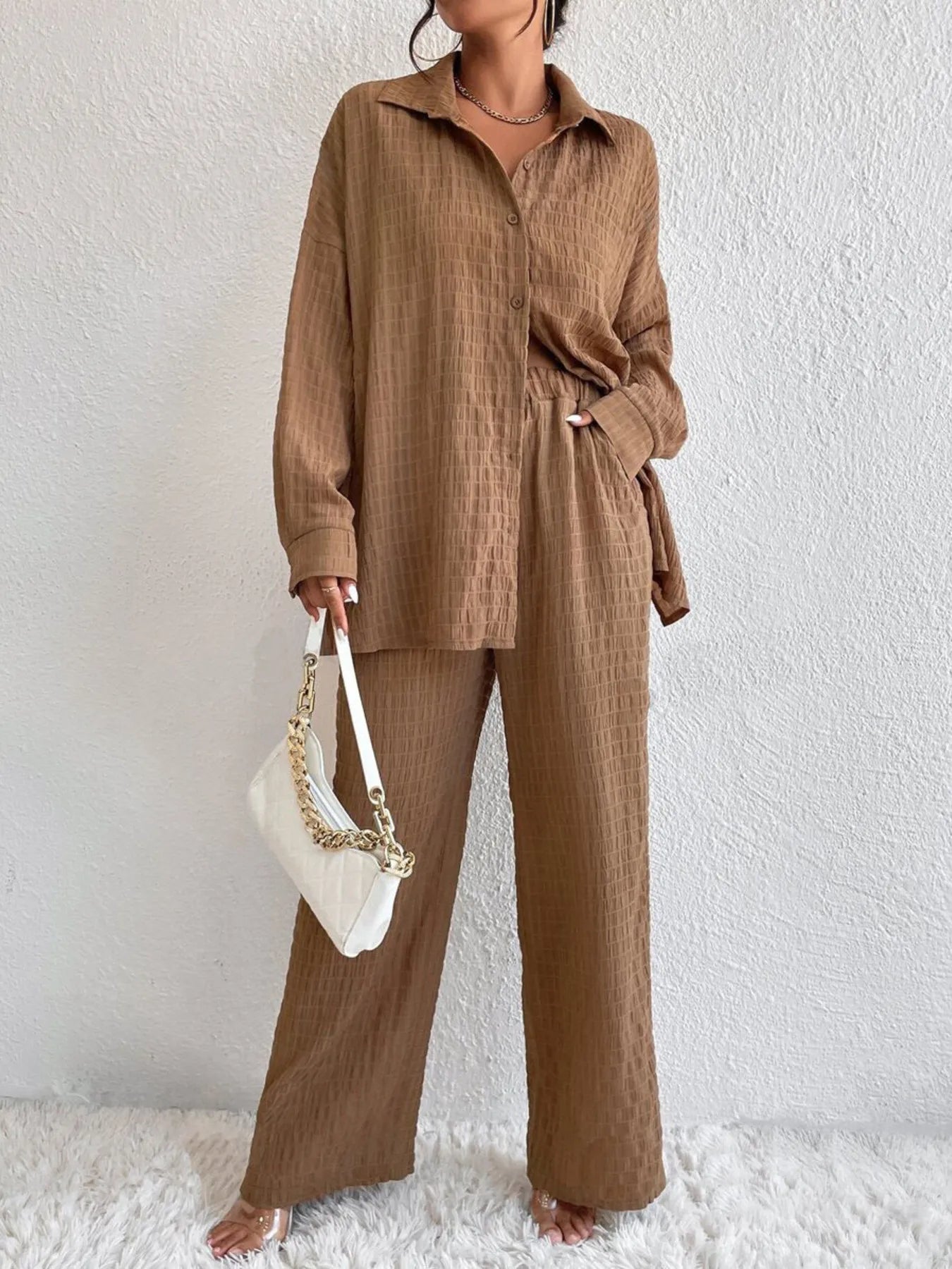 Button Up Long Sleeve Shirt and Pants Set OutfitFlow