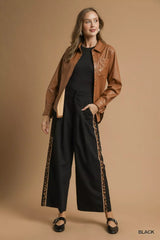 Umgee Front Pleated Wide-Leg Pants with Contrast Trim OutfitFlow