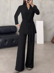 Tie-Waist Long Sleeve Top and Pants Set OutfitFlow