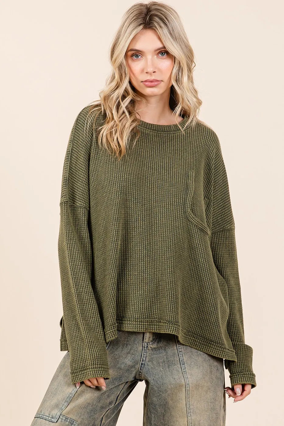 Mittoshop Mineral Wash Cutout Pocket Long Sleeve Waffle Top OLIVE OutfitFlow