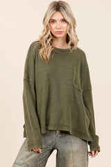 Mittoshop Mineral Wash Cutout Pocket Long Sleeve Waffle Top OLIVE OutfitFlow