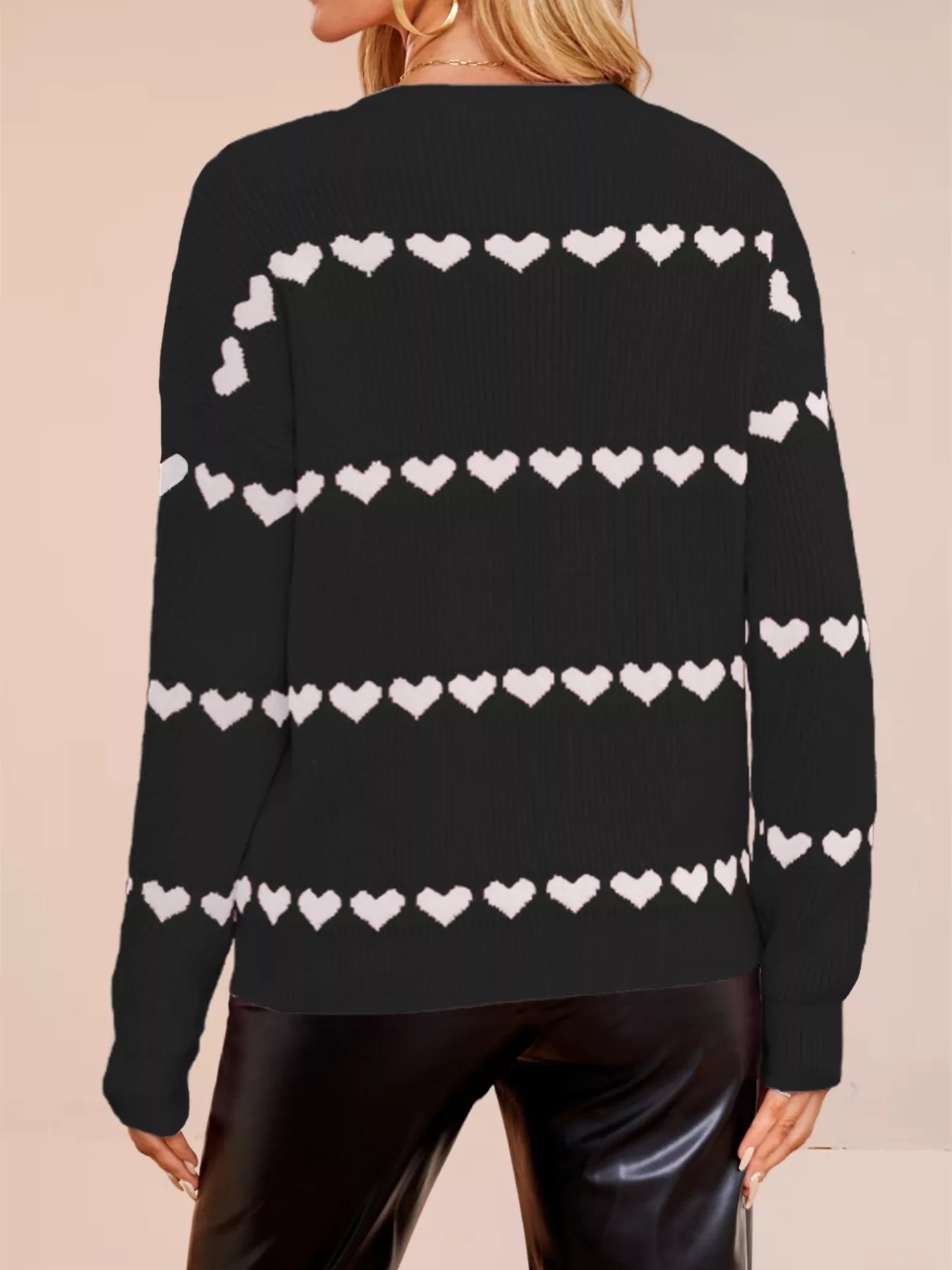 Heart Pattern Dropped Shoulder Sweater OutfitFlow