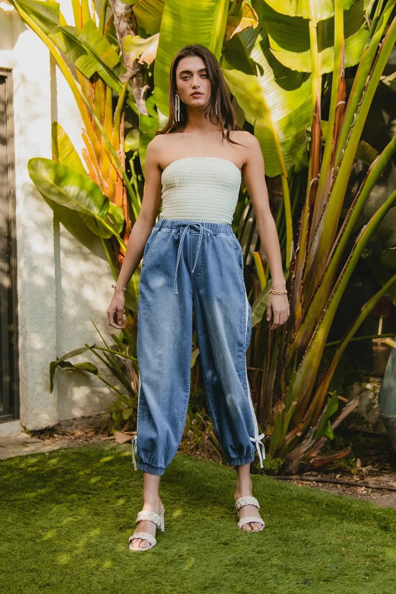 BiBi Striped Tape Details With Bot Tied Point Elastic Waist Jeans OutfitFlow