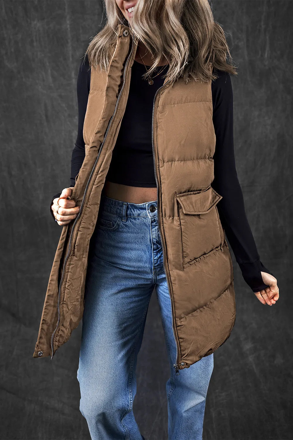 Pocketed Zip Up Vest Coat OutfitFlow