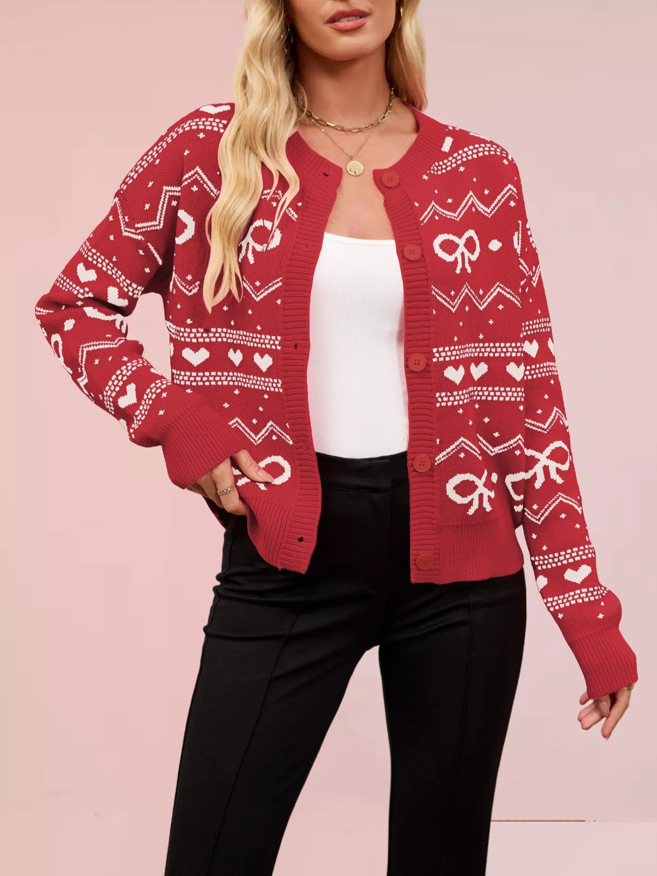 Bowknot Pattern Knit Cardigan Rust OutfitFlow