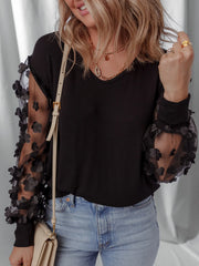 Flower Sheer Sleeve V-Neck Blouse OutfitFlow