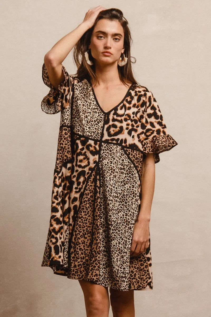 BiBi Leopard Prints Mix and Match Short Sleeves Dress OutfitFlow
